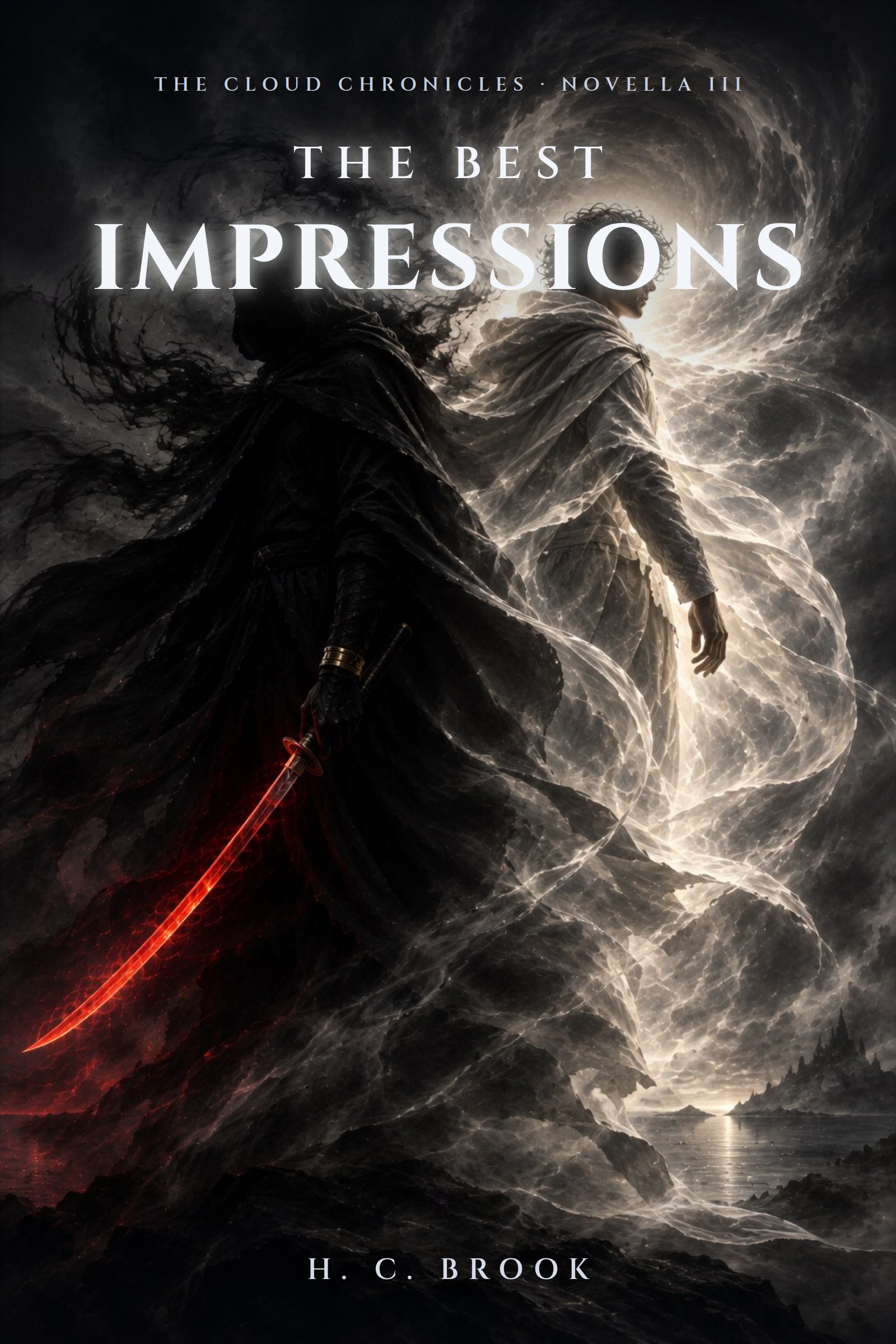 The Best Impressions cover: a faceless dark shape with a red-lit blade back to back with a young man in white light
