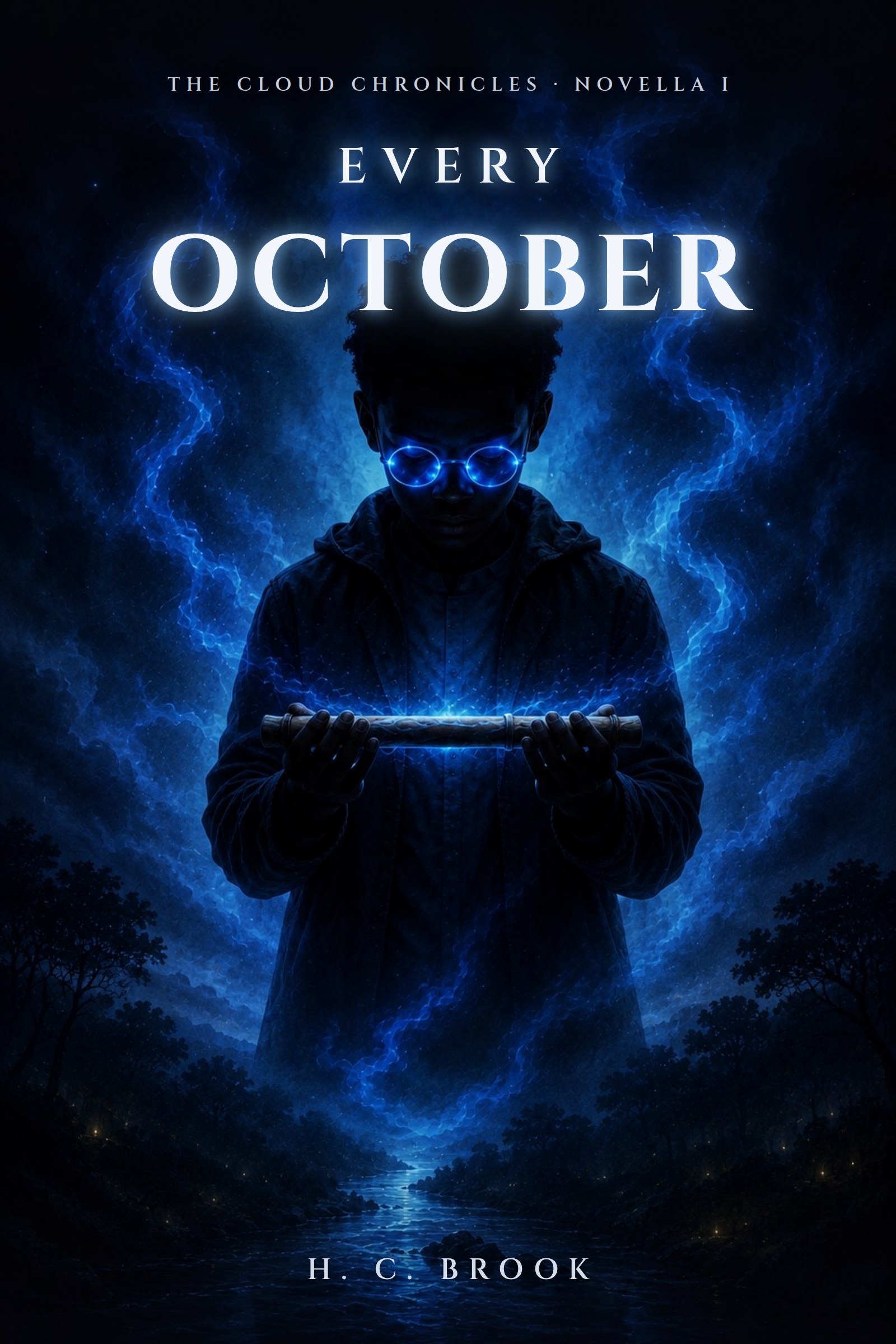 Every October cover: a boy with glasses holding a staff level in both hands, blue fire and falling leaves around him
