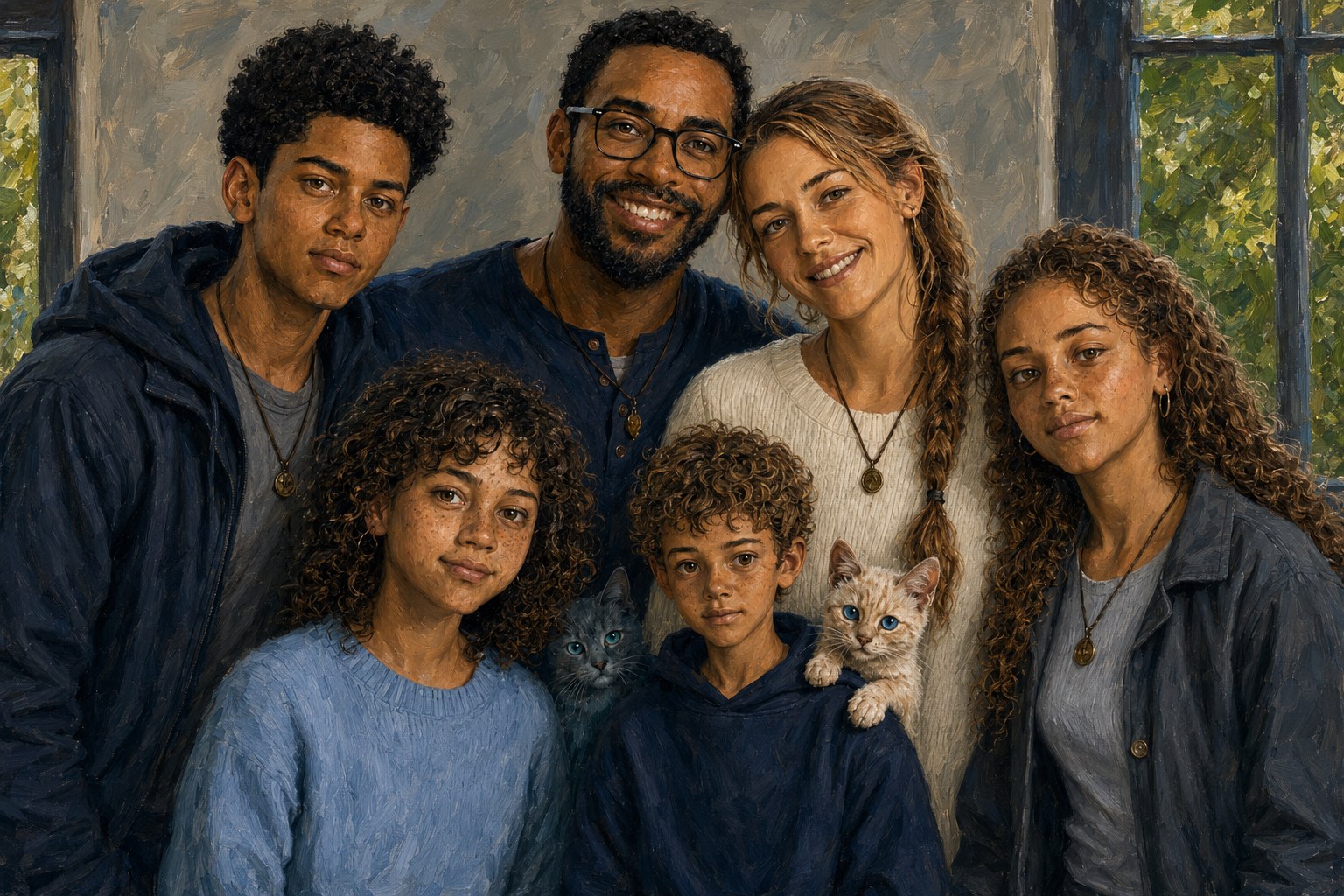 A family portrait, painted in oils: six people and two cats gathered at a bright window
