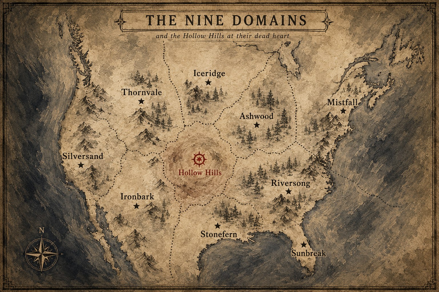 Aged parchment map of the Nine Domains, with the Hollow Hills marked in red at their dead heart