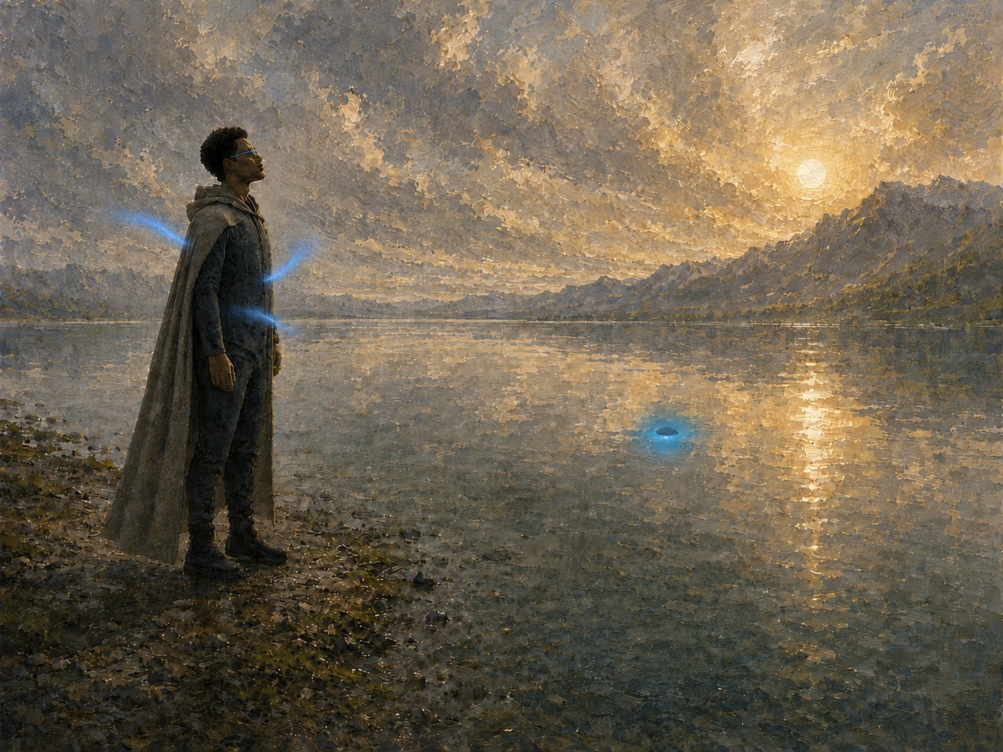 The Breath: a cloaked figure stands at the edge of a lake at dusk, drawing the water's rasa in.