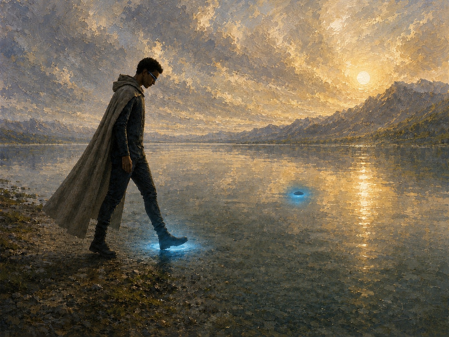 The Step: the figure walks out across the surface of the lake, light under his boots.