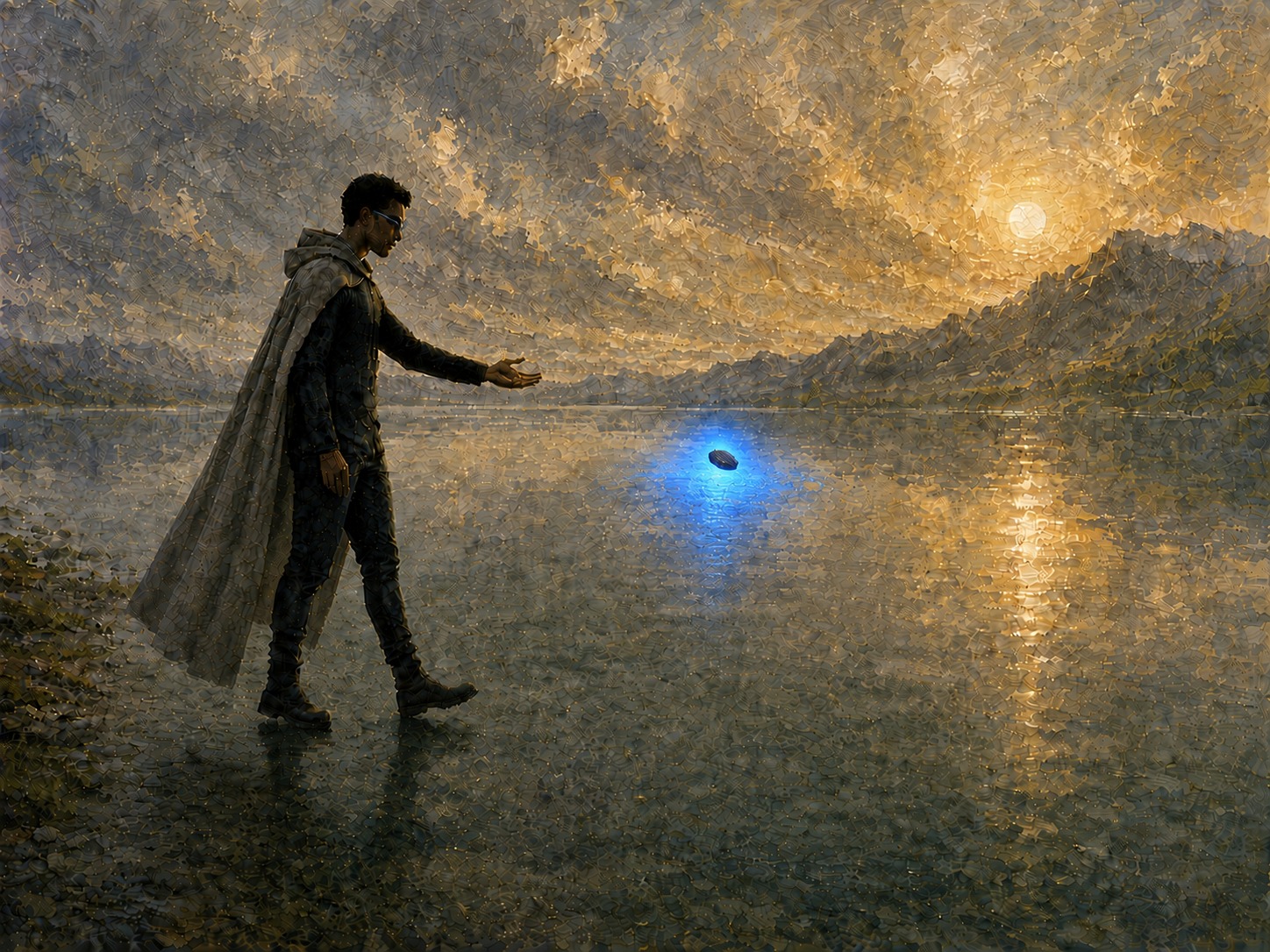 The Reach: the stone rises out of the water toward the figure's open hand without being touched.